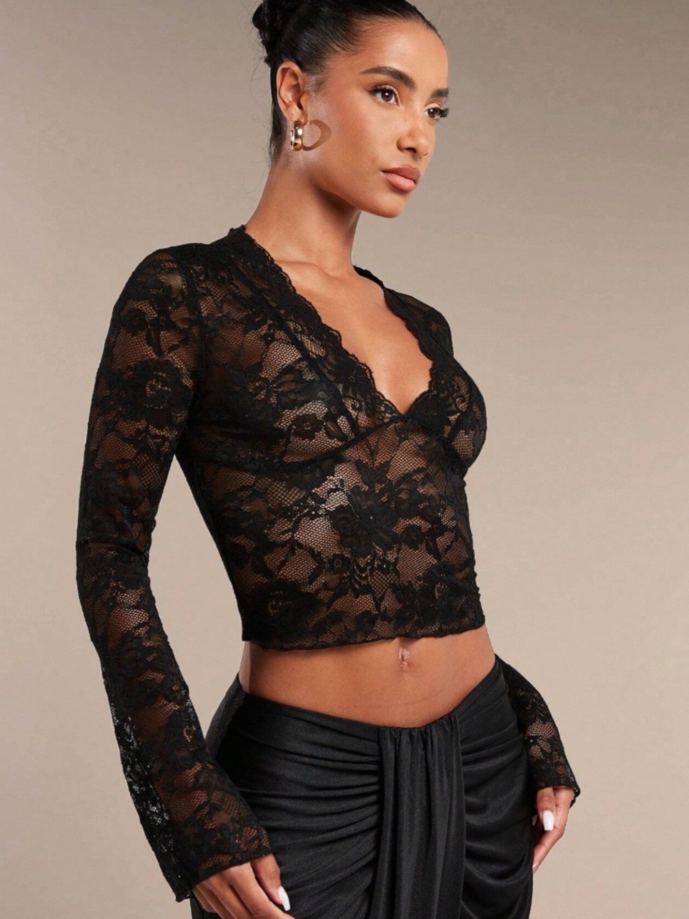 Forever 21 Black Floral Lace V-Neck Long Sleeve Top